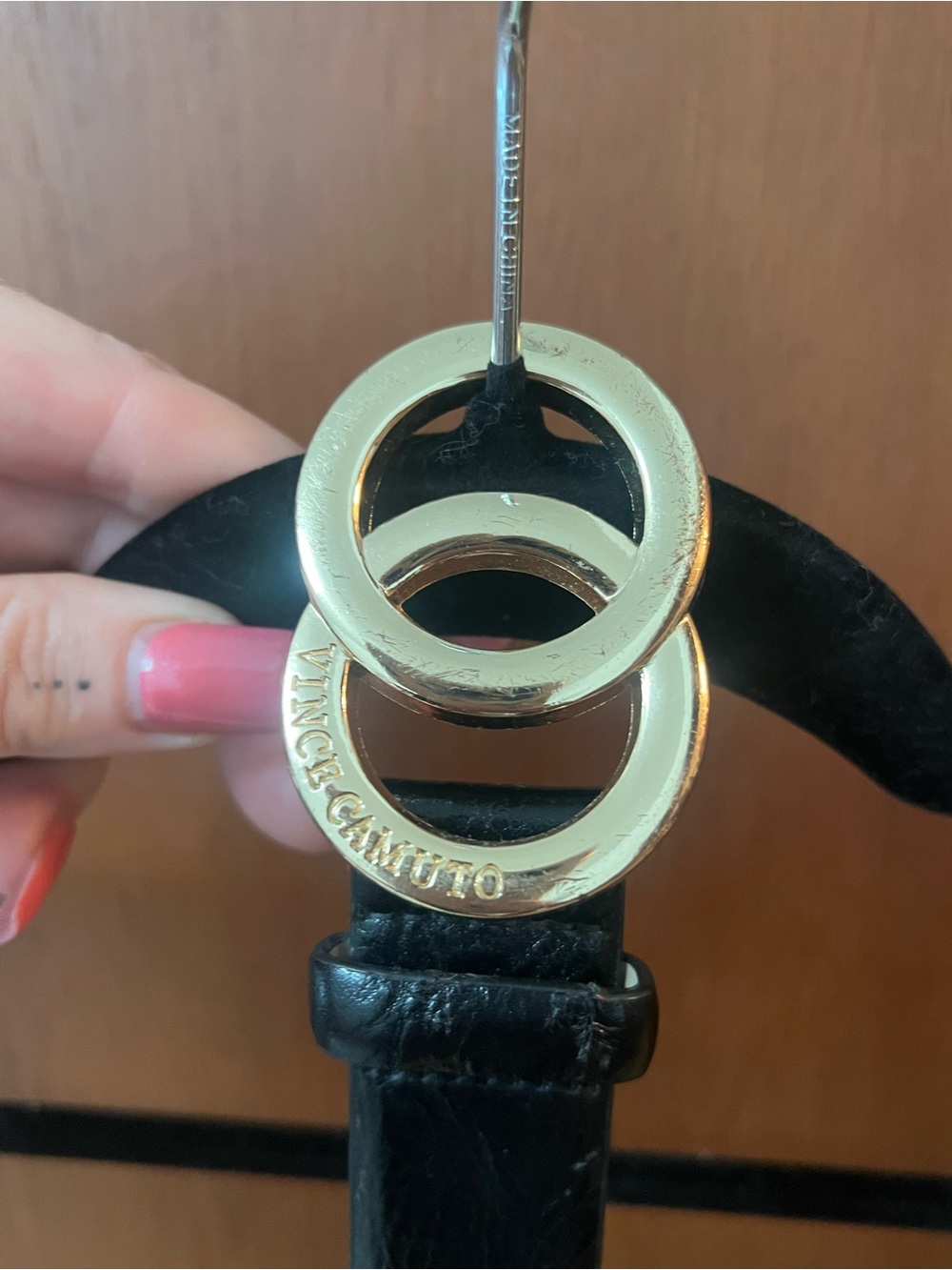 Vince Camuto Black Faux Leather Belt with Gold Double Rings Like New Condition